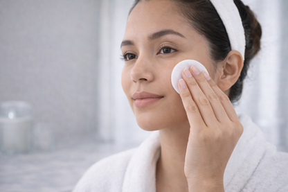 Woman applying cream to her face with a cotton pad in a bathroom setting